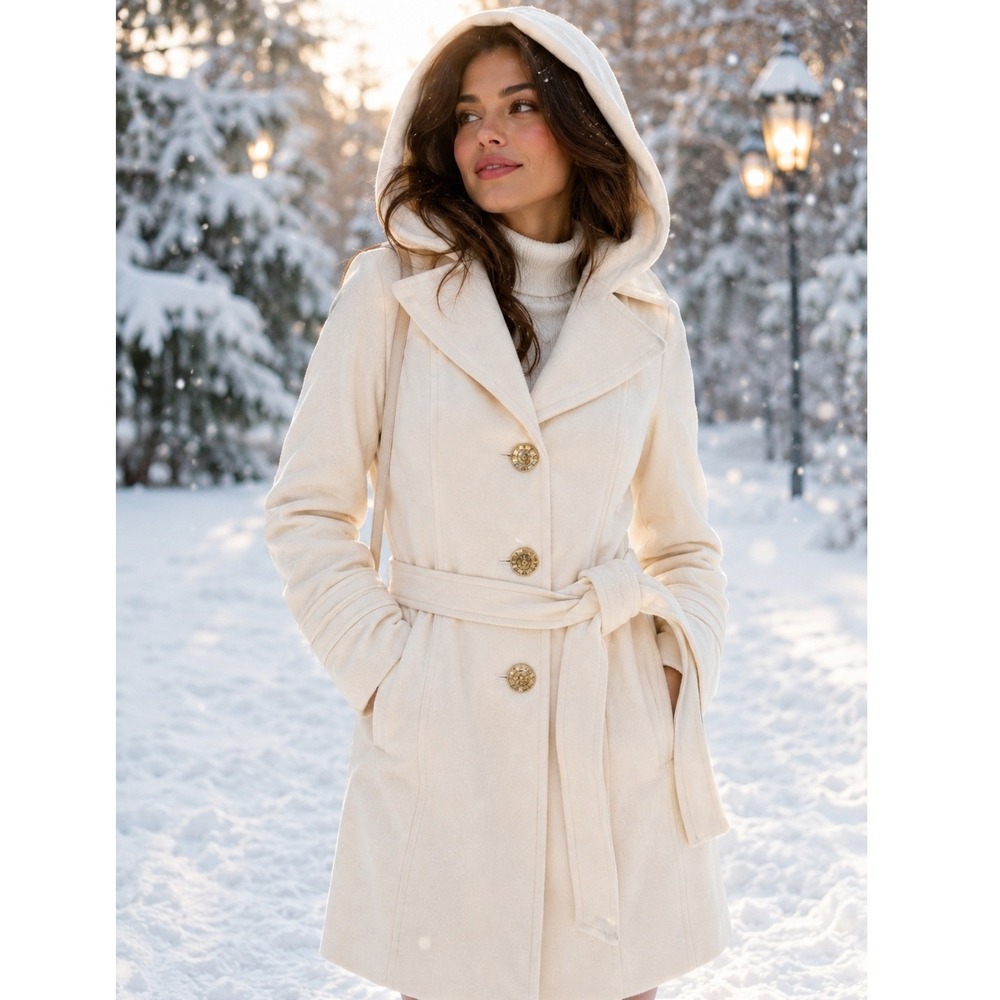 Michael Michael Kors Cream Wool Blend Hooded Belted Pea Coat Jacket Womens 2